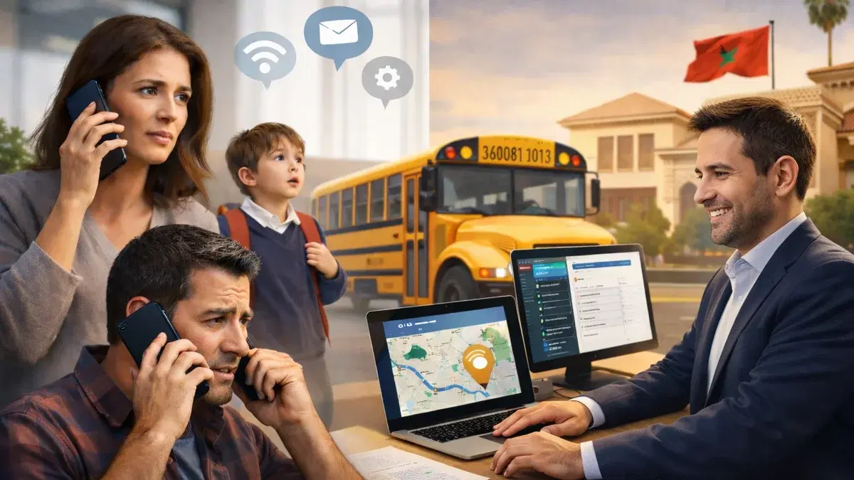A Moroccan mother checks the school bus position on her phone — parent communication for school bus operations